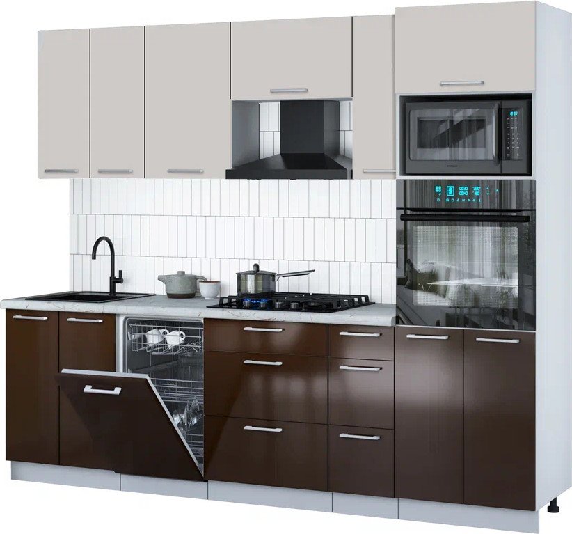 

Готовая кухня Интерлиния Мила Gloss 2.55-ПМ3 (шоколад глянец/кашемир/серый каспий)