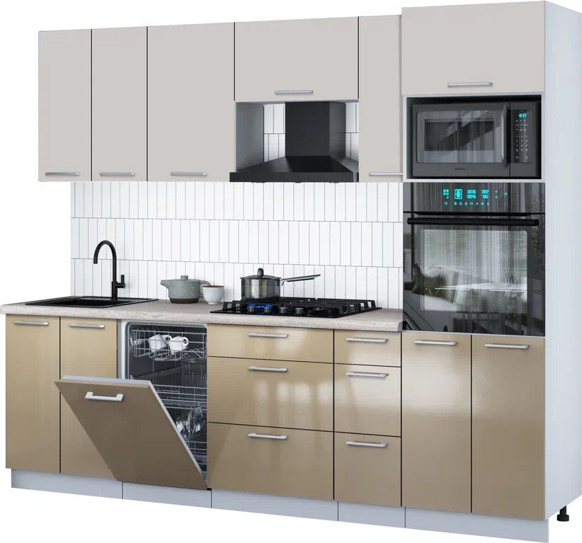 

Готовая кухня Интерлиния Мила Gloss 2.55-ПМ3 (капучино глянец/кашемир/травертин серый)