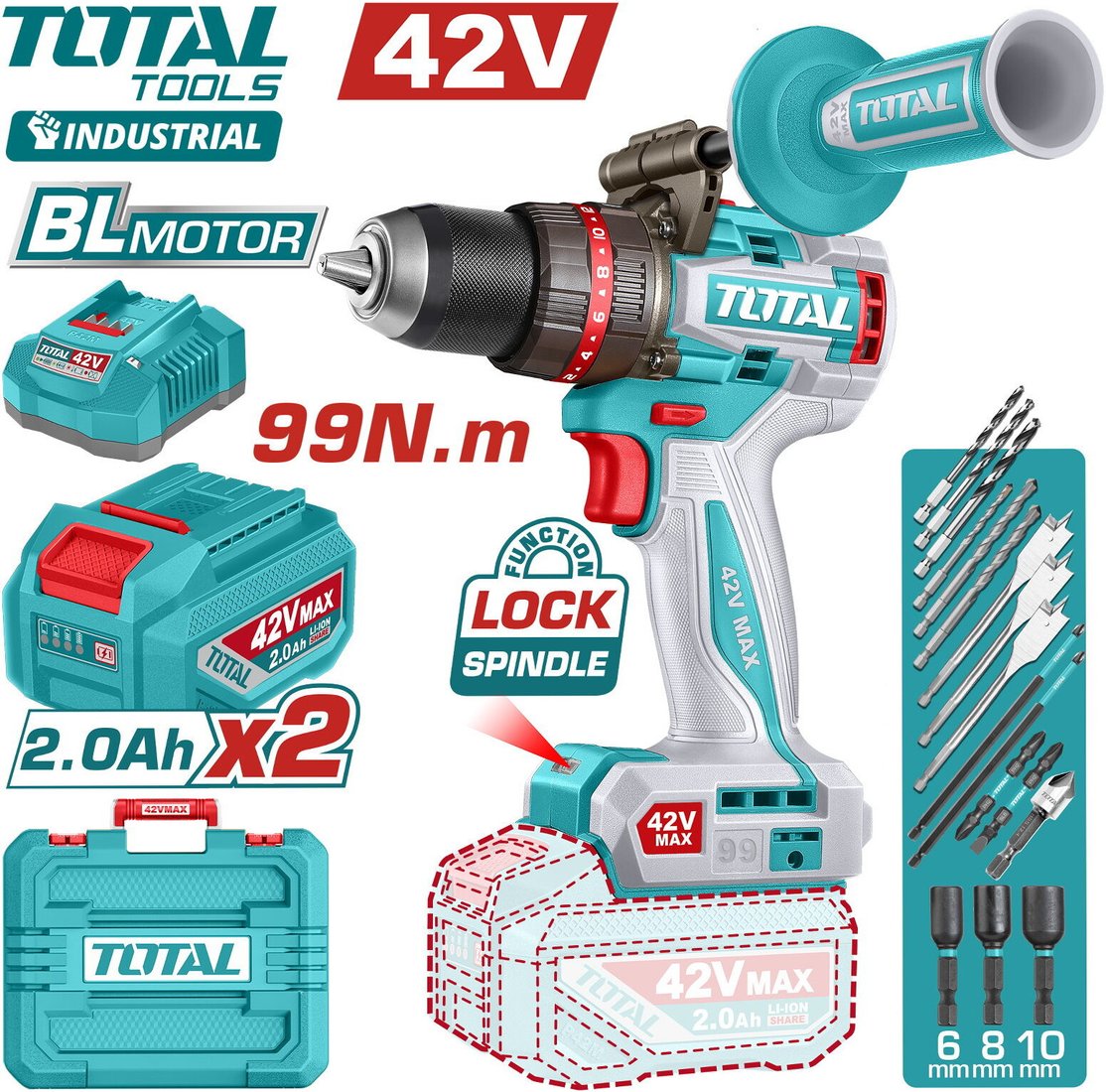 Ударная дрель-шуруповерт Total TIDLI429982 (с 2-мя АКБ, кейс)