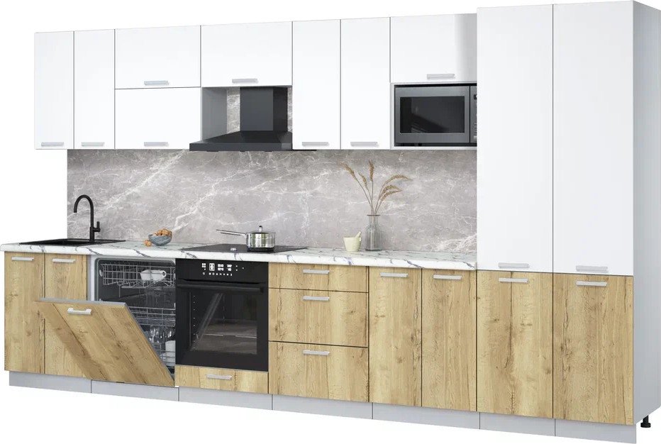 

Готовая кухня Интерлиния Мила Лайт 3.8-ПМ2 (белый платинум/дуб золотой/белый гранит)