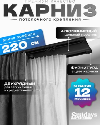 Карниз для штор Sundays Home D-6-P двухрядный (2.2м, цельный, черный)