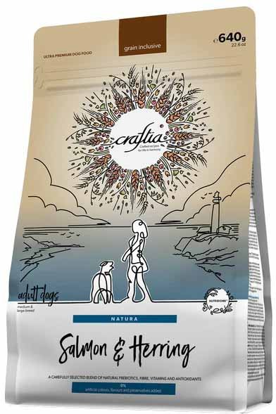 

Сухой корм для собак Craftia Natura для средних и крупных пород с лососем и сельдью (640г)