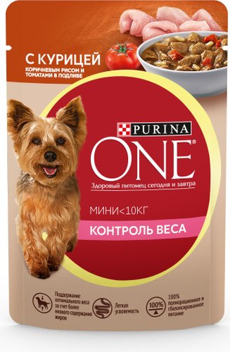 Пресервы Purina ONE Мини для мелких пород контроль веса с курицей, коричневым рисом и томатами 85 г