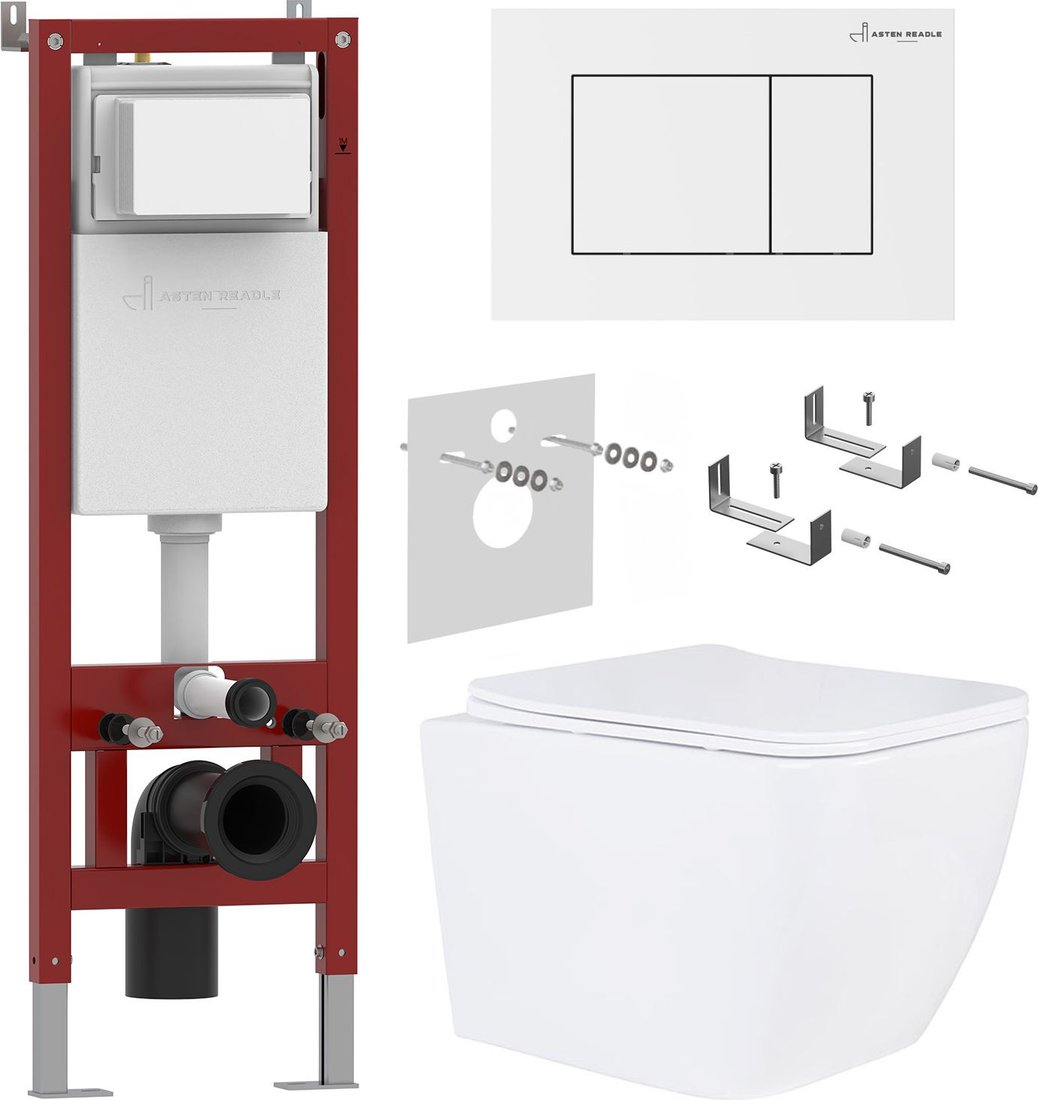 Унитаз подвесной Roxen Cube в комплекте с инсталляцией Asten Readle Zentralmodul AR0601-135W с белой кнопкой