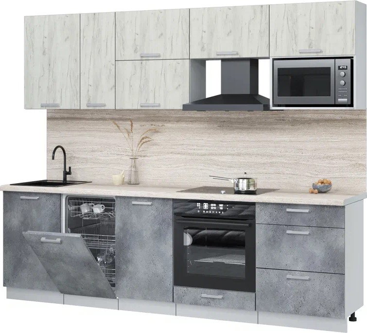 

Готовая кухня Интерлиния Мила Лайт 2.6-ПМ4 ( дуб белый/бетон портленд/травертин серый)