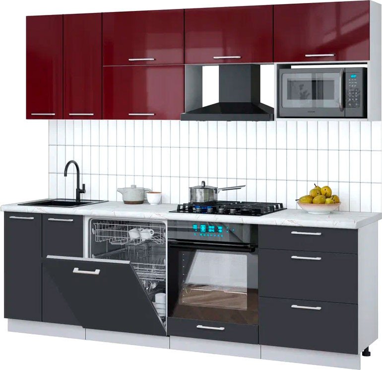 

Готовая кухня Интерлиния Мила Gloss 2.4-ПМ2 (пепел/бордовый глянец/серый каспий)