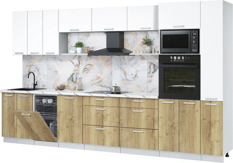 

Готовая кухня Интерлиния Мила Лайт 3.6-ПМ3 (белый платинум/дуб золотой/белый гранит)