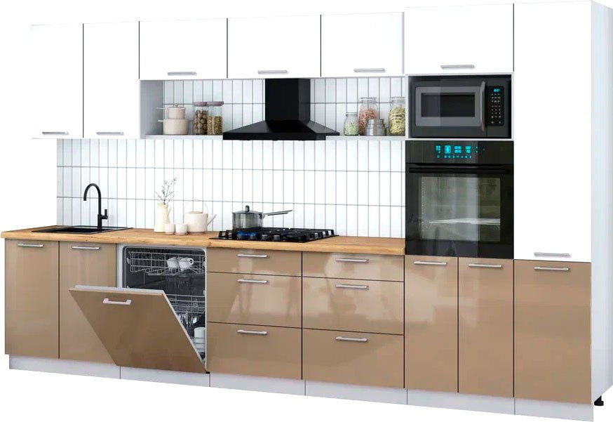 

Готовая кухня Интерлиния Мила Gloss 3.6-ПМ1 (капучино глянец/белый/дуб бунратти)