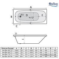 Ванна Alba Spa Sevilla 160x70R (2 экрана и каркас)