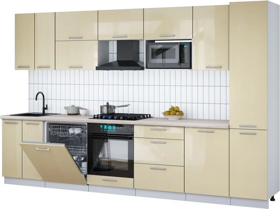 

Готовая кухня Интерлиния Мила Gloss 3.3-ПМ2 (ваниль глянец/ваниль глянец/травертин серый)