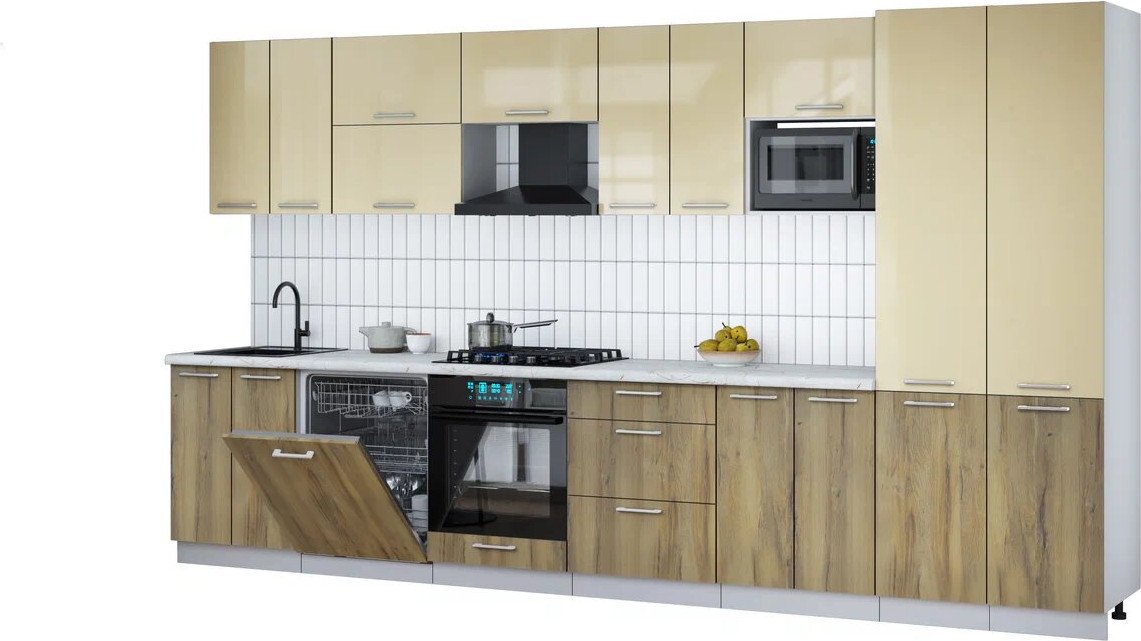 

Готовая кухня Интерлиния Мила Gloss 3.8-ПМ2 (дуб вотан/ваниль глянец/серый каспий)