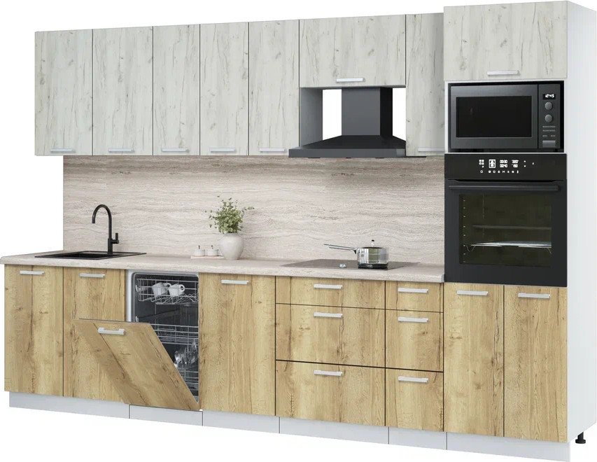 

Готовая кухня Интерлиния Мила Лайт 3.2-ПМ3 (дуб белый/дуб золотой/травертин серый)