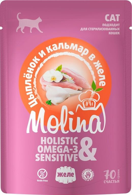 

Пресервы Molina Пауч для взрослых кошек. Цыпленок и кальмар в желе 70 г