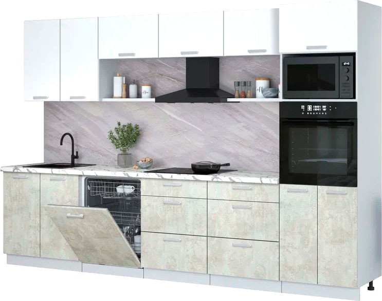 

Готовая кухня Интерлиния Мила Лайт 3.2-ПМ1 (белый платинум/бетон лайт/белый гранит)