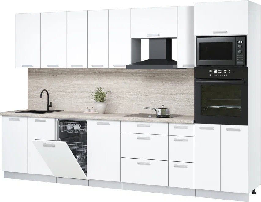 

Готовая кухня Интерлиния Мила Лайт 3.2-ПМ3 (белый платинум/белый платинум/травертин серый)