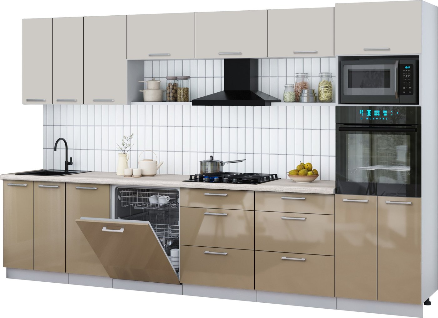 

Готовая кухня Интерлиния Мила Gloss 3.4-ПМ1-2 (капучино глянец/кашемир/травертин серый)