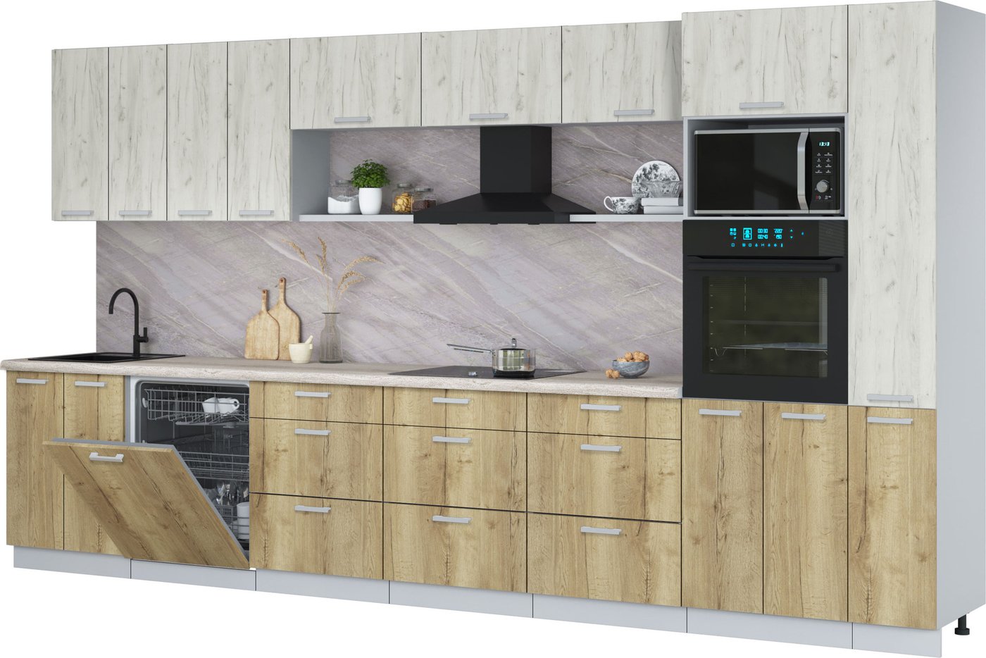 

Готовая кухня Интерлиния Мила Лайт 3.9-ПМ1 (дуб белый/дуб золотой/травертин серый)