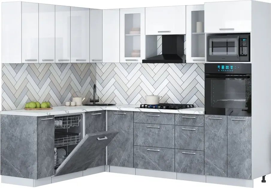 

Готовая кухня Интерлиния Мила Gloss 1.896х2.58 (керамика/белый глянец/белый гранит)