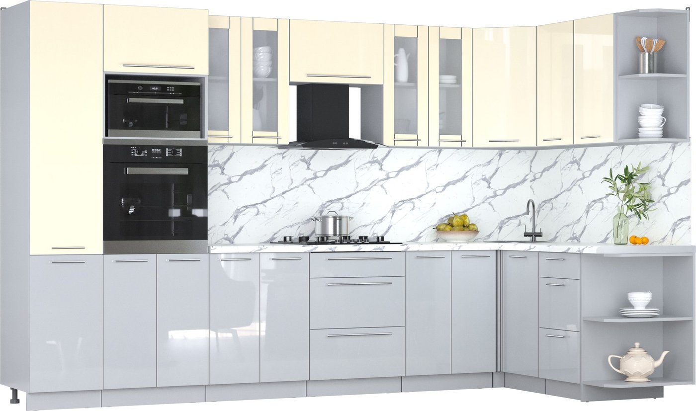 

Готовая кухня Интерлиния Мила Пластик 1.68x3.4 PR (ваниль/туманный глянец/белый гранит)