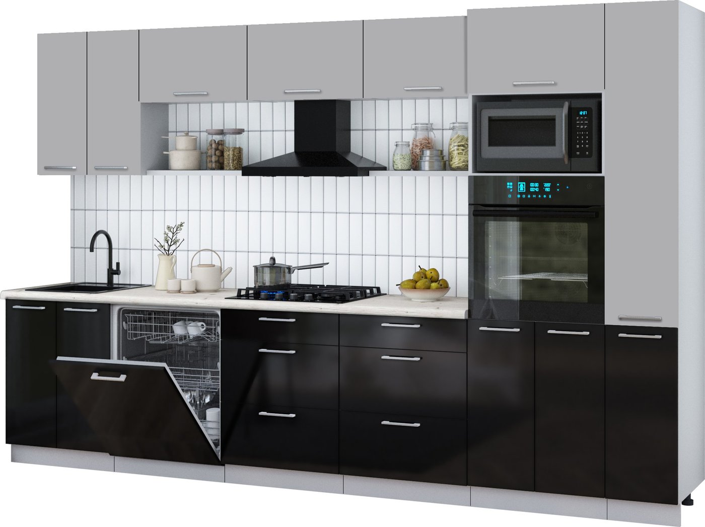 

Готовая кухня Интерлиния Мила Gloss 3.3-ПМ1 (черный глянец/грей/бискайская сосна)