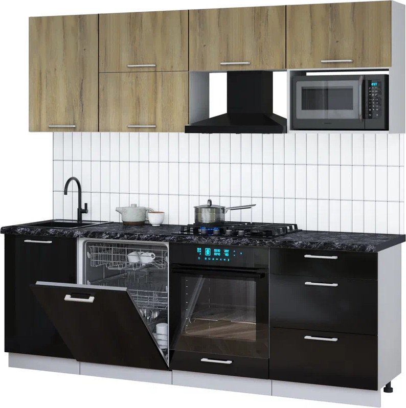 

Готовая кухня Интерлиния Мила Gloss 2.3-ПМ2 (черный глянец/дуб вотан/кастилло темный)