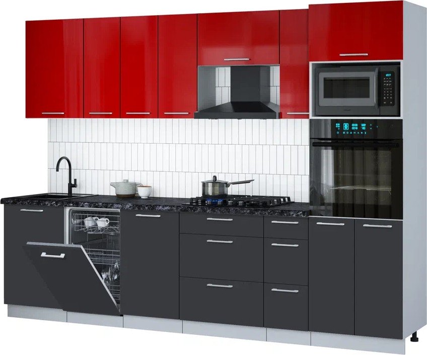 

Готовая кухня Интерлиния Мила Gloss 2.9-ПМ3 (пепел/красный глянец/кастилло темный)