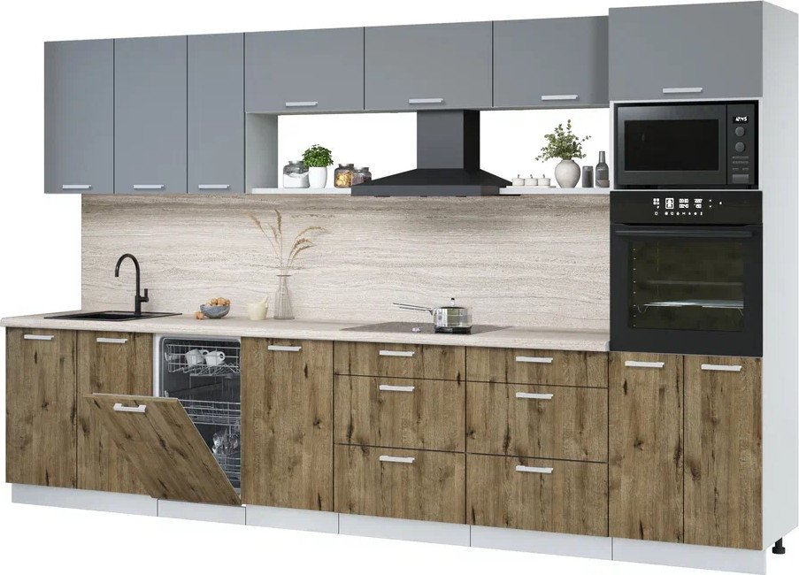 

Готовая кухня Интерлиния Мила Лайт 3.5-ПМ3 (серебро/дуб веллингтон/травертин серый)