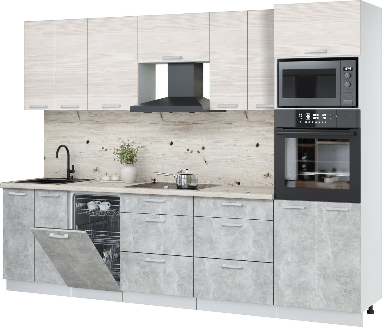 

Готовая кухня Интерлиния Мила Лайт 2.85-ПМ3 (вудлайн кремовый/бетон/бискайская сосна)