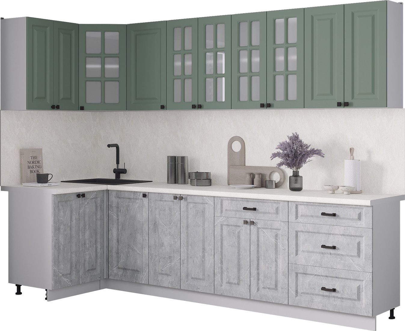 

Готовая кухня Интерлиния Мила Деко 1.2x2.8 (керамика/мята/опал светлый)