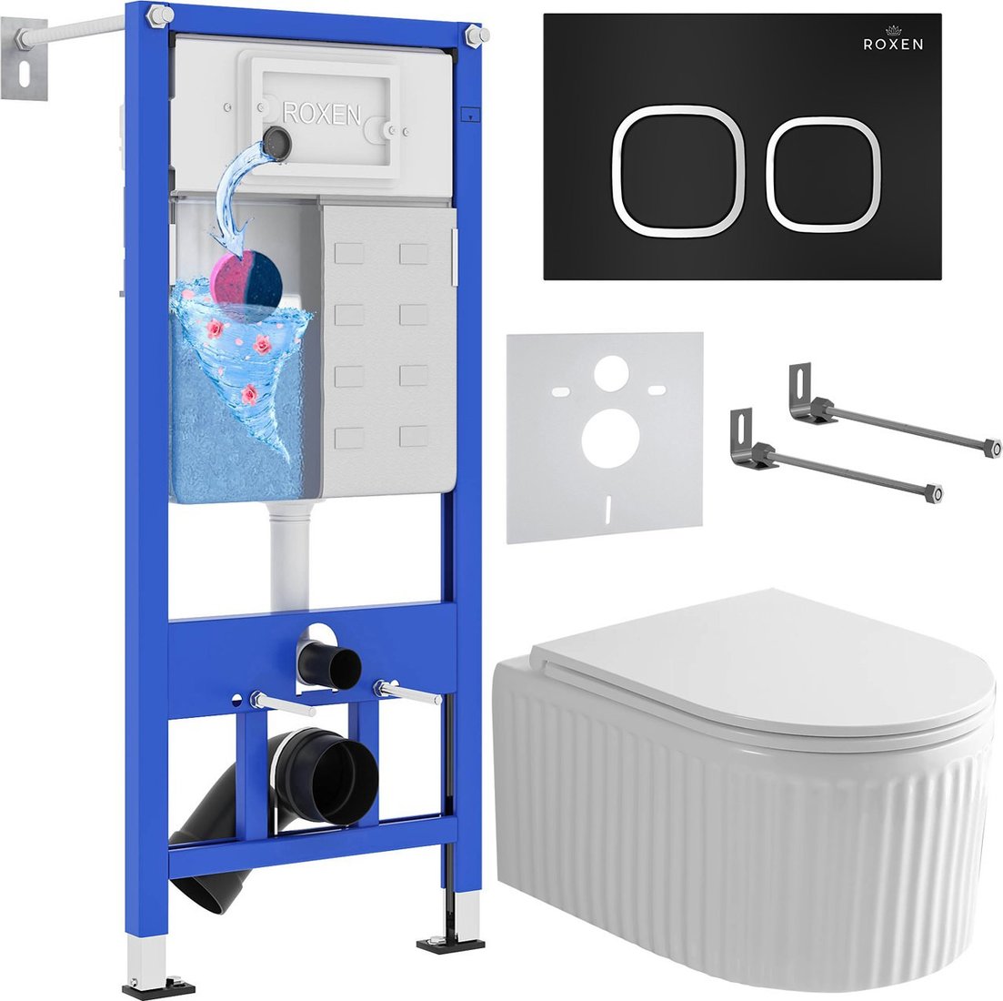 Унитаз подвесной Roxen Royal Matt в комплекте с инсталляцией StounFix Dual Fresh 6 в 1 968267 (кнопка: черный)
