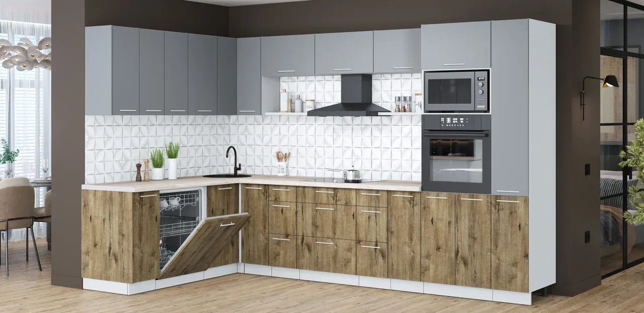 

Готовая кухня Интерлиния Мила Лайт 1.896х3.28 (серебро/дуб веллингтон/травертин серый)