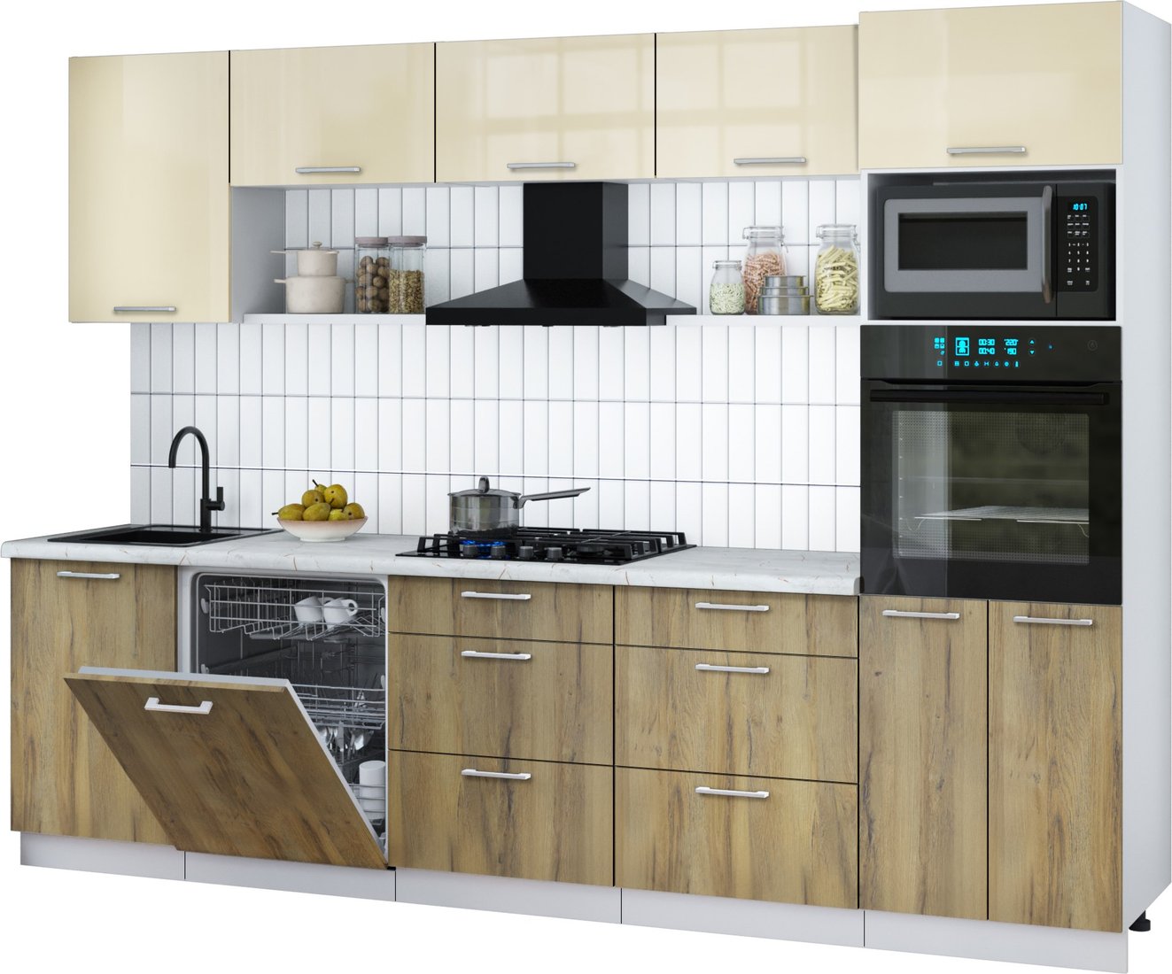 

Готовая кухня Интерлиния Мила Gloss 2.9-ПМ1 (дуб вотан/ваниль глянец/серый каспий)