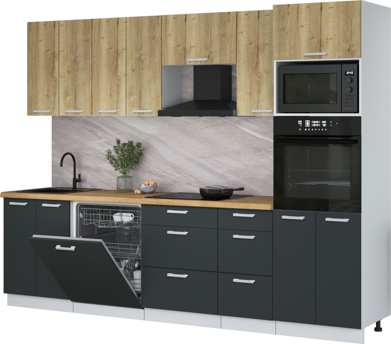 

Готовая кухня Интерлиния Мила Лайт 2.8-ПМ1 (дуб золотой/антрацит/дуб бунратти)