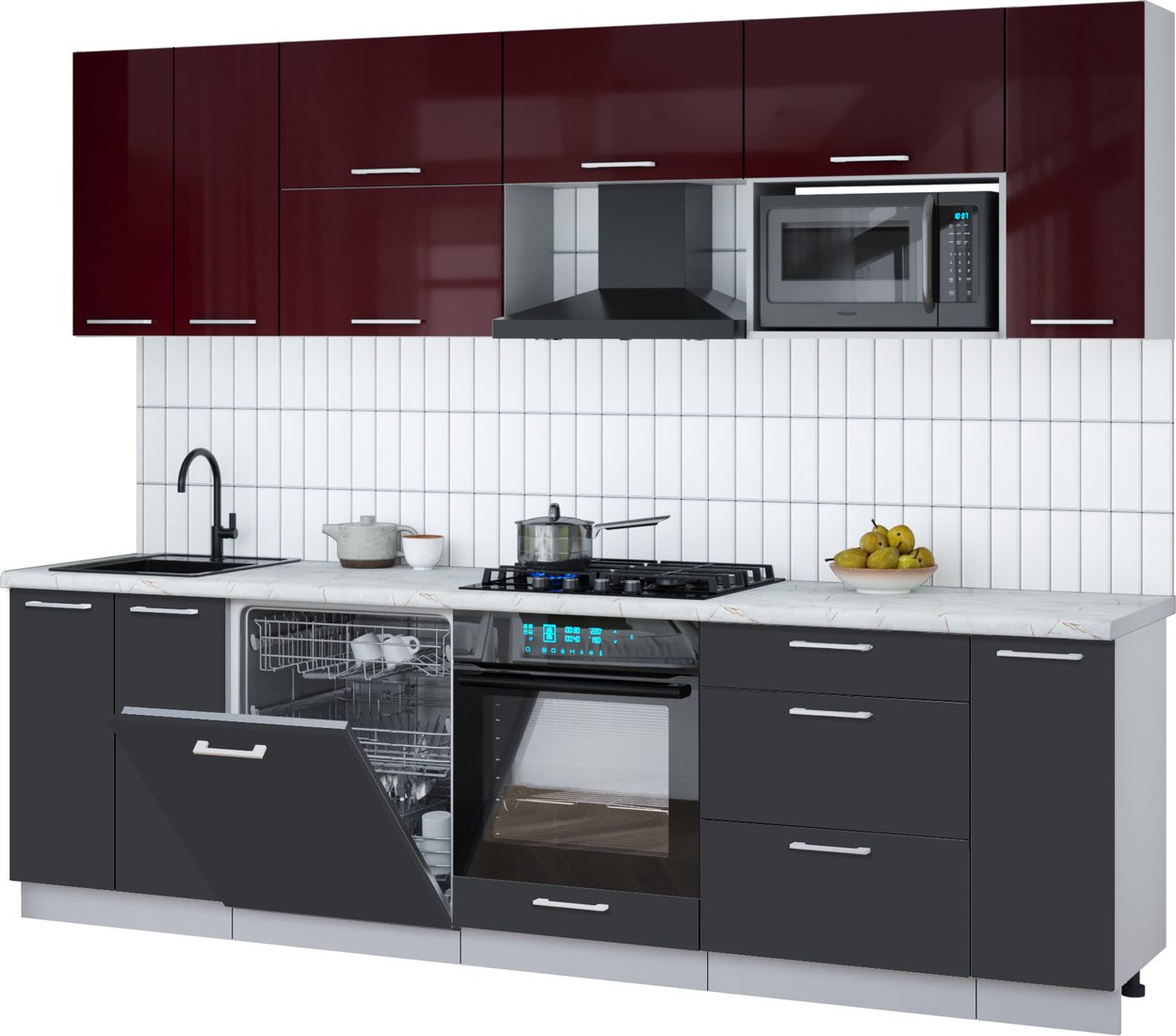 

Готовая кухня Интерлиния Мила Gloss 2.7-ПМ2 (пепел/бордовый глянец/серый каспий)