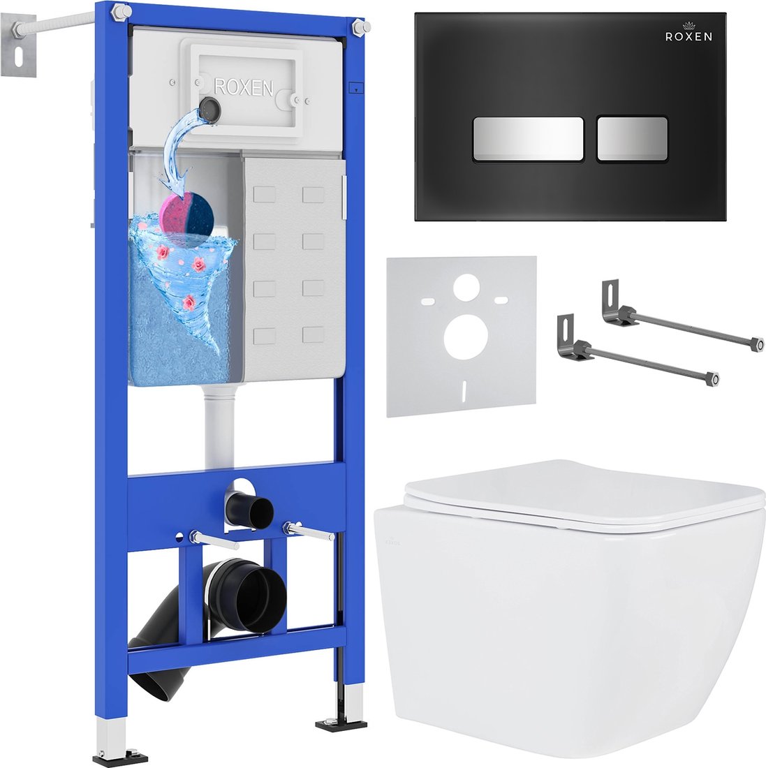 

Унитаз подвесной Roxen Cube One Rimless 6 в 1 StounFix Dual Fresh 646038 (чёрное стекло)