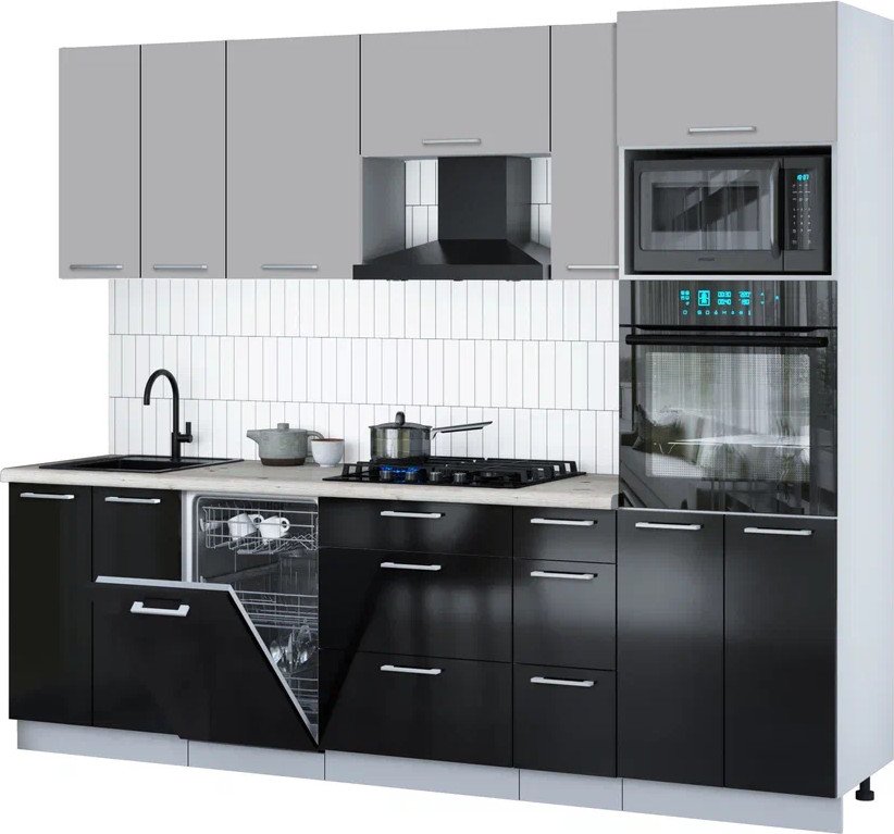 

Готовая кухня Интерлиния Мила Gloss 2.55-ПМ3 (черный глянец/грей/бискайская сосна)