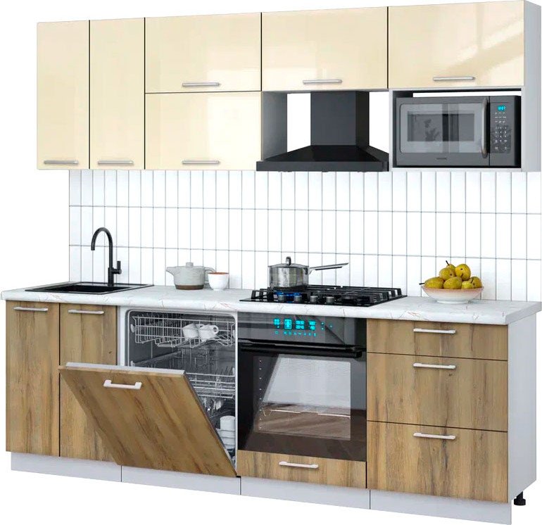 

Готовая кухня Интерлиния Мила Gloss 2.4-ПМ2 (дуб вотан/ваниль глянец/серый каспий)