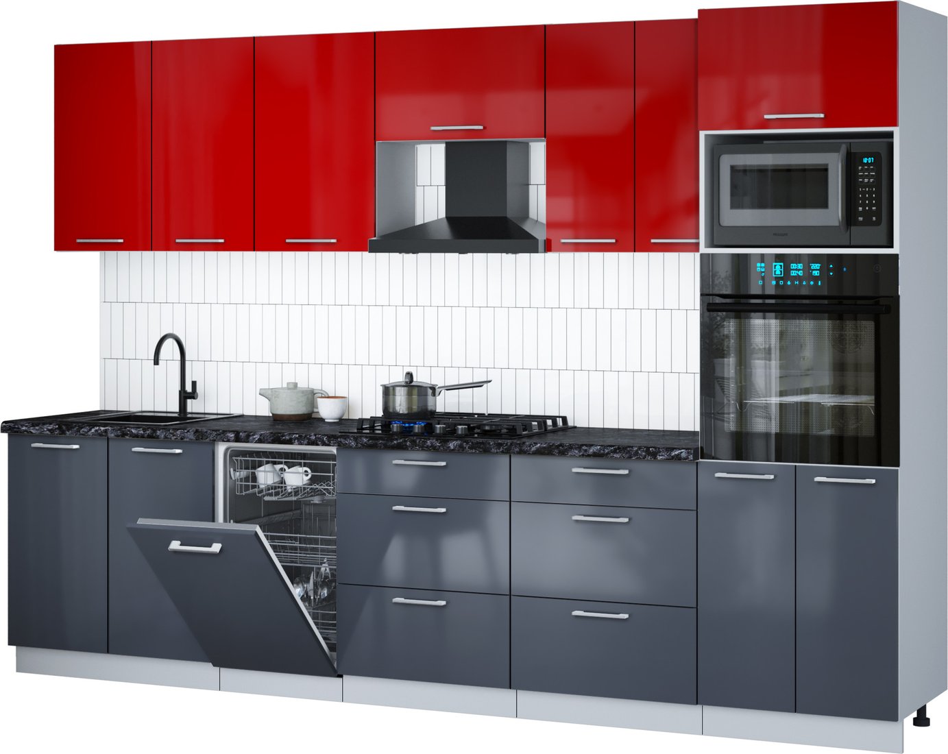 

Готовая кухня Интерлиния Мила Gloss 3.05-ПМ3 (асфальт глянец/красный глянец/кастилло темный)