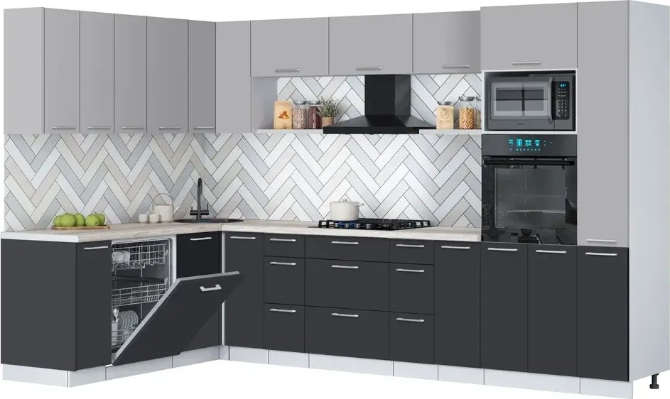 

Готовая кухня Интерлиния Мила Gloss 1.896х3.28 (пепел/грей/травертин серый)