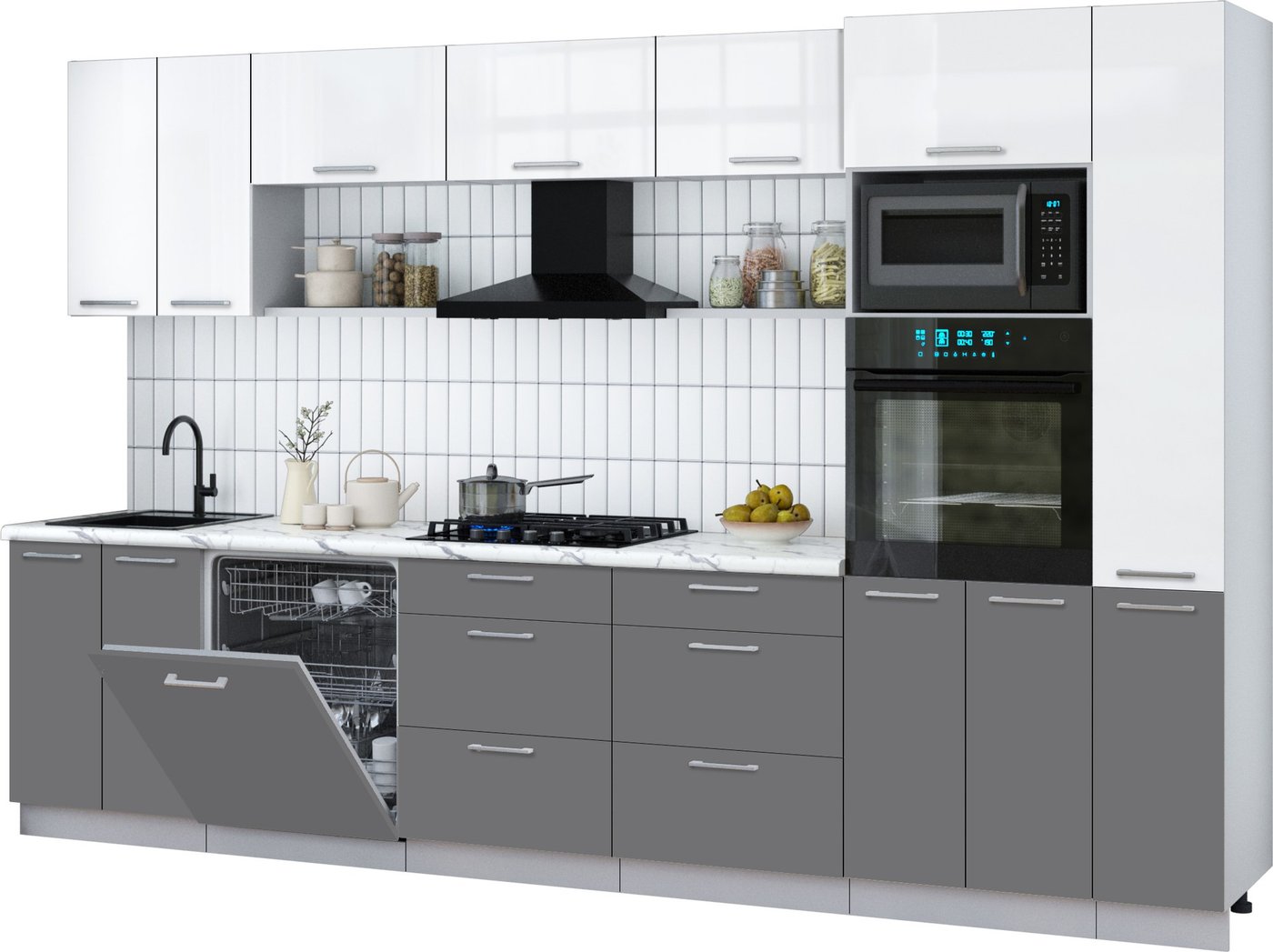 

Готовая кухня Интерлиния Мила Gloss 3.3-ПМ1 (серый/белый глянец/белый гранит)