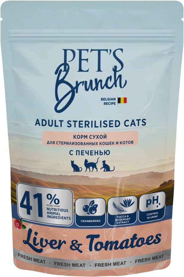 

Сухой корм для кошек Pet's Brunch для стерилизованных кошек и котов с 6 месяцев с печенью 400 г
