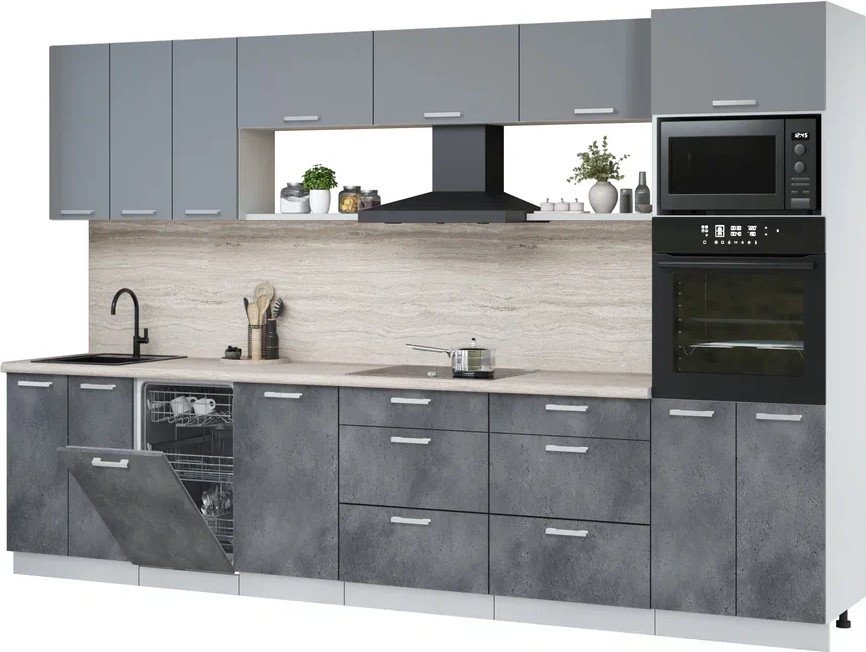 

Готовая кухня Интерлиния Мила Лайт 3.3-ПМ3 (серебро/бетон портленд/травертин серый)