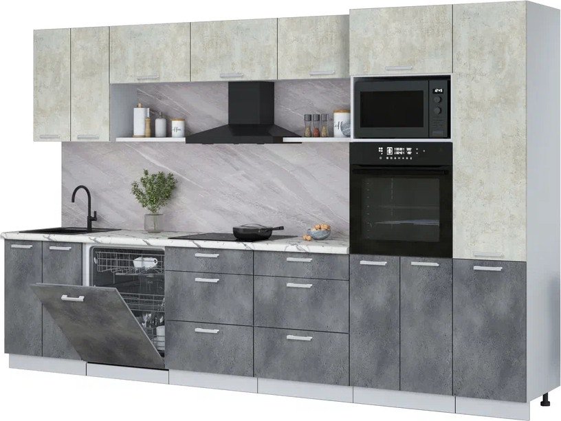 

Готовая кухня Интерлиния Мила Лайт 3.4-ПМ1 (бетон лайт/бетон портленд/белый гранит)