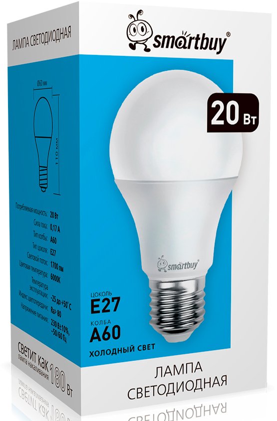 

Светодиодная лампочка SmartBuy A60 E27 20Вт 6000К SBL-A60-20-60K-E27