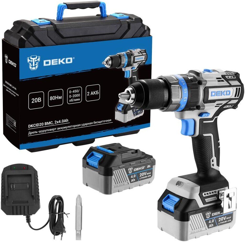 

Ударная дрель-шуруповерт Deko DKCID20 063-4421 (с 2-мя АКБ, кейс)