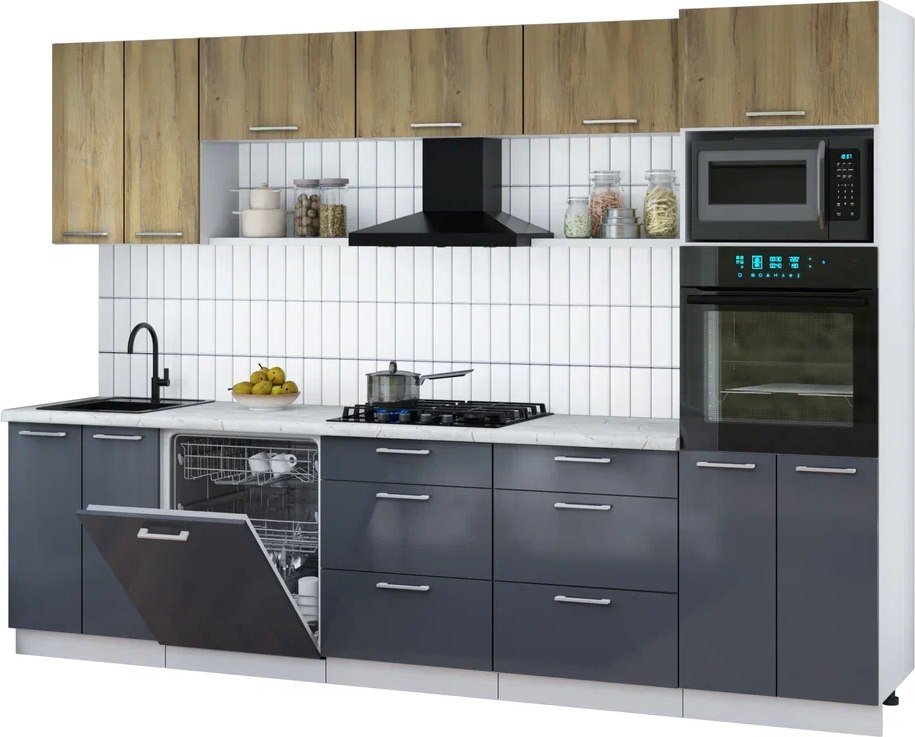 

Готовая кухня Интерлиния Мила Gloss 3.0-ПМ1 (асфальт глянец/дуб вотан/серый каспий)