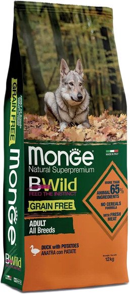

Сухой корм для собак Monge BWild Grain Free All Breeds Adult Duck with Potatoes для всех пород с уткой и картофелем 12 кг
