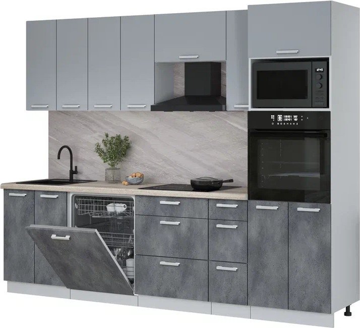 

Готовая кухня Интерлиния Мила Лайт 2.7-ПМ1 (серебро/бетон портленд/травертин серый)