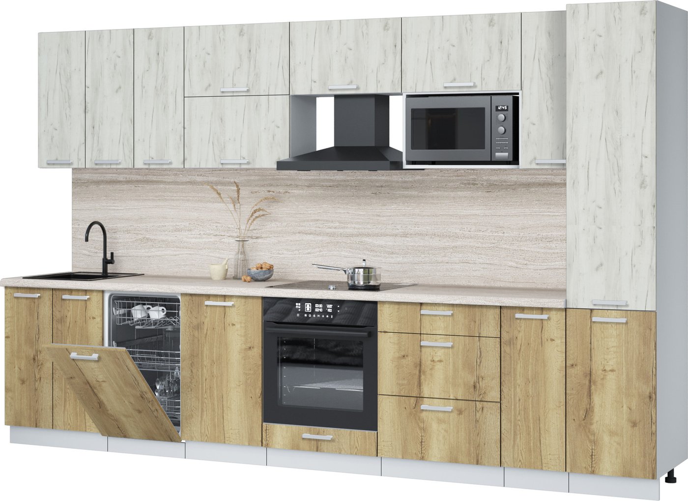 

Готовая кухня Интерлиния Мила Лайт 3.4-ПМ4 (дуб белый/дуб золотой/травертин серый)