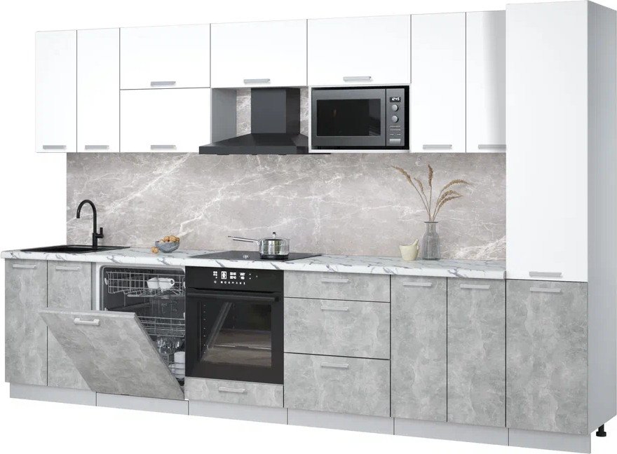 

Готовая кухня Интерлиния Мила Лайт 3.4-ПМ2 (белый платинум/бетон/белый гранит)